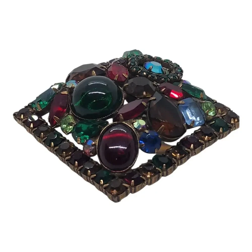 Vintage HUGE Weiss Fruit Salad Rhinestone Cabochon Square Multicolor Unsigned